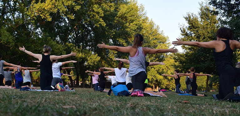 People doing yoga in a park